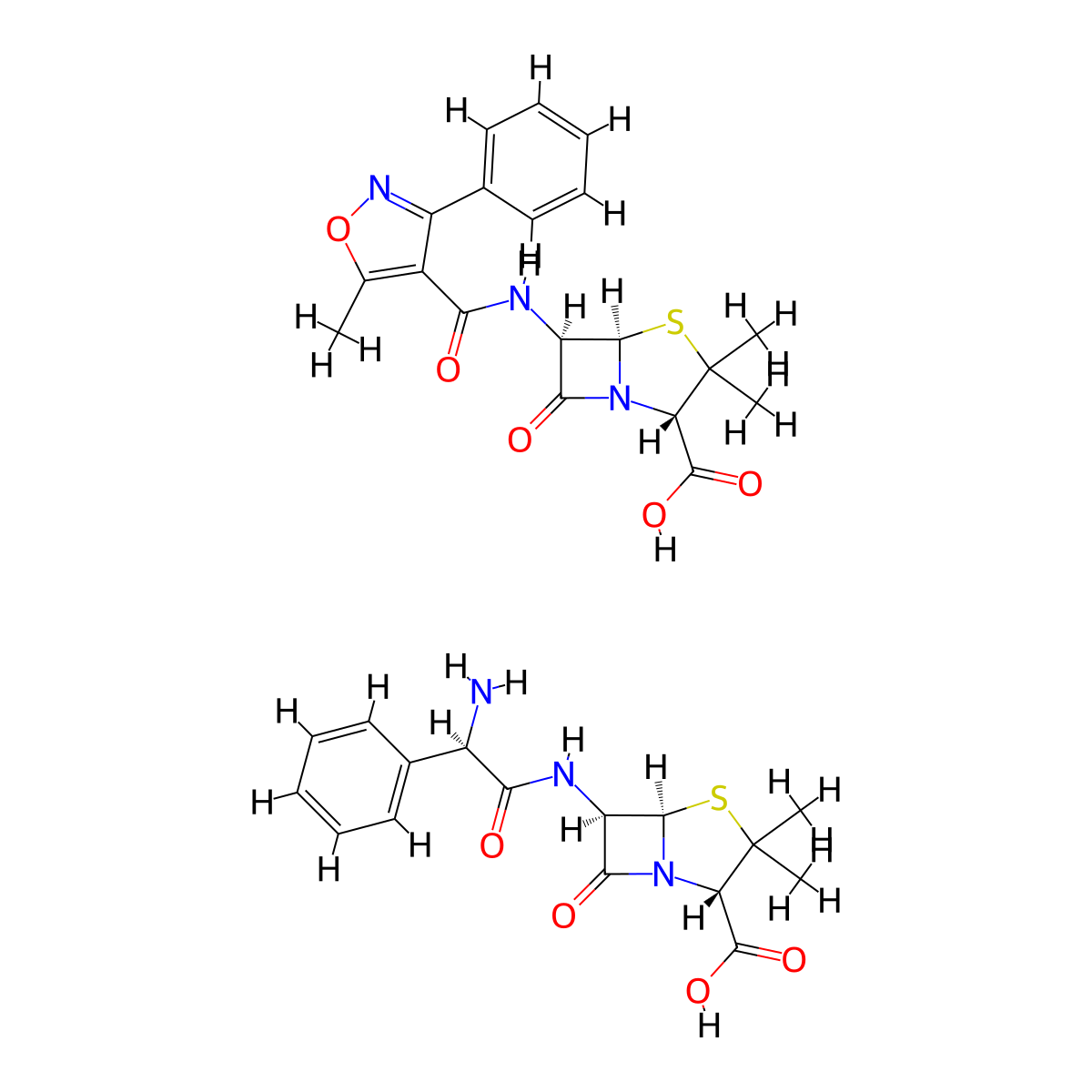4-Thia-1-azabicyclo(3.2.0)heptane-2-carboxylic acid, 6-(((2R)-2-amino-2-phenylacetyl)amino)-3,3-dimethyl-7-oxo-, (2S,5R,6R)-, mixt. with (2S,5R,6R)-3,3-dimethyl-6-(((5-methyl-3-phenyl-4-isoxazolyl)carbonyl)amino)-7-oxo-4-thia-1-azabicyclo(3.2.0)heptane-2-carboxylic acid molecular structure, CAS 8067-85-4