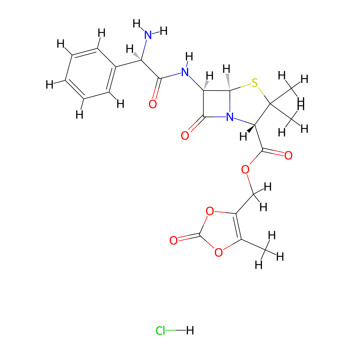 4-Thia-1-azabicyclo(3.2.0)heptane-2-carboxylic acid, 6-(((2R)-2-amino-2-phenylacetyl)amino)-3,3-dimethyl-7-oxo-, (5-methyl-2-oxo-1,3-dioxol-4-yl)methyl ester, hydrochloride (1:1), (2S,5R,6R)- molecular structure, CAS 80734-02-7