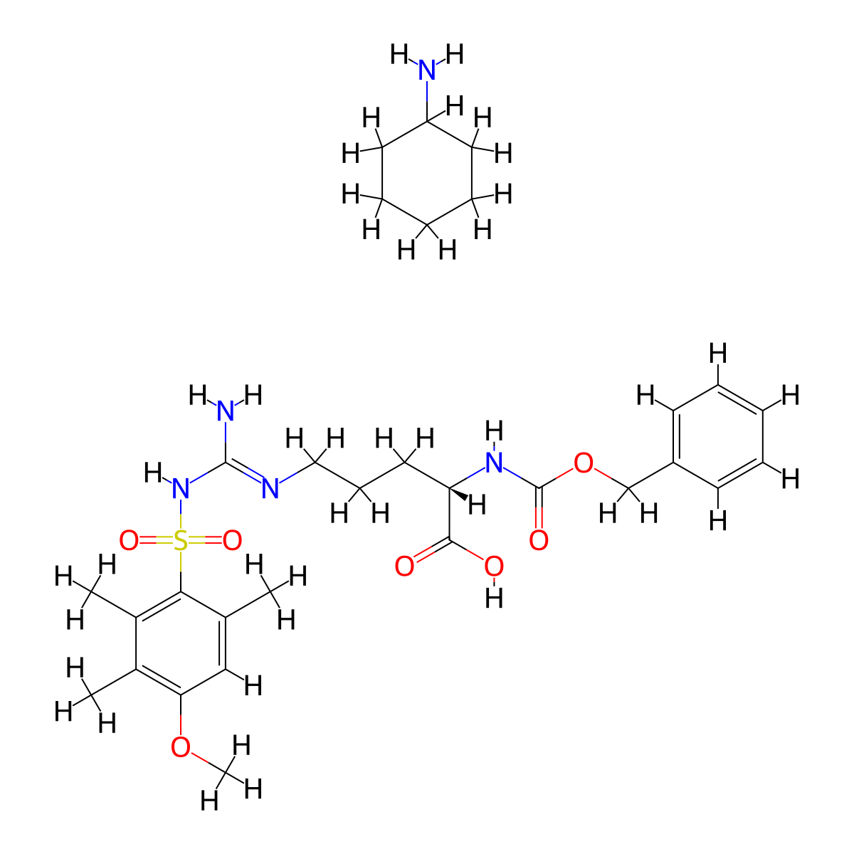 L-Ornithine, N5-(imino(((4-methoxy-2,3,6-trimethylphenyl)sulfonyl)amino)methyl)-N2-((phenylmethoxy)carbonyl)-, compd. with cyclohexanamine (1:1) molecular structure, CAS 80745-09-1