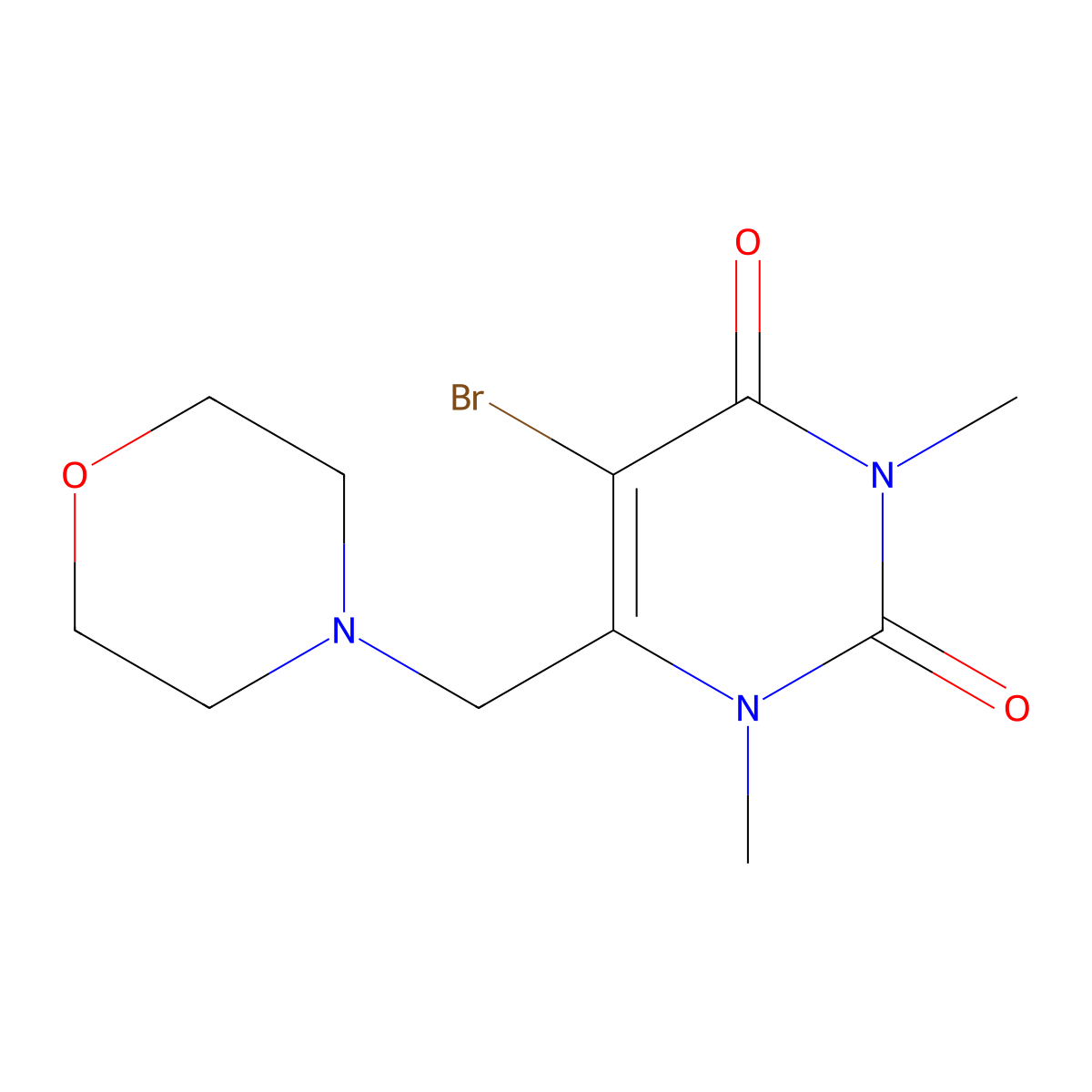5-bromo-1,3-dimethyl-6-(morpholinomethyl)pyrimidine-2,4(1H,3H)-dione molecular structure, CAS 80746-12-9
