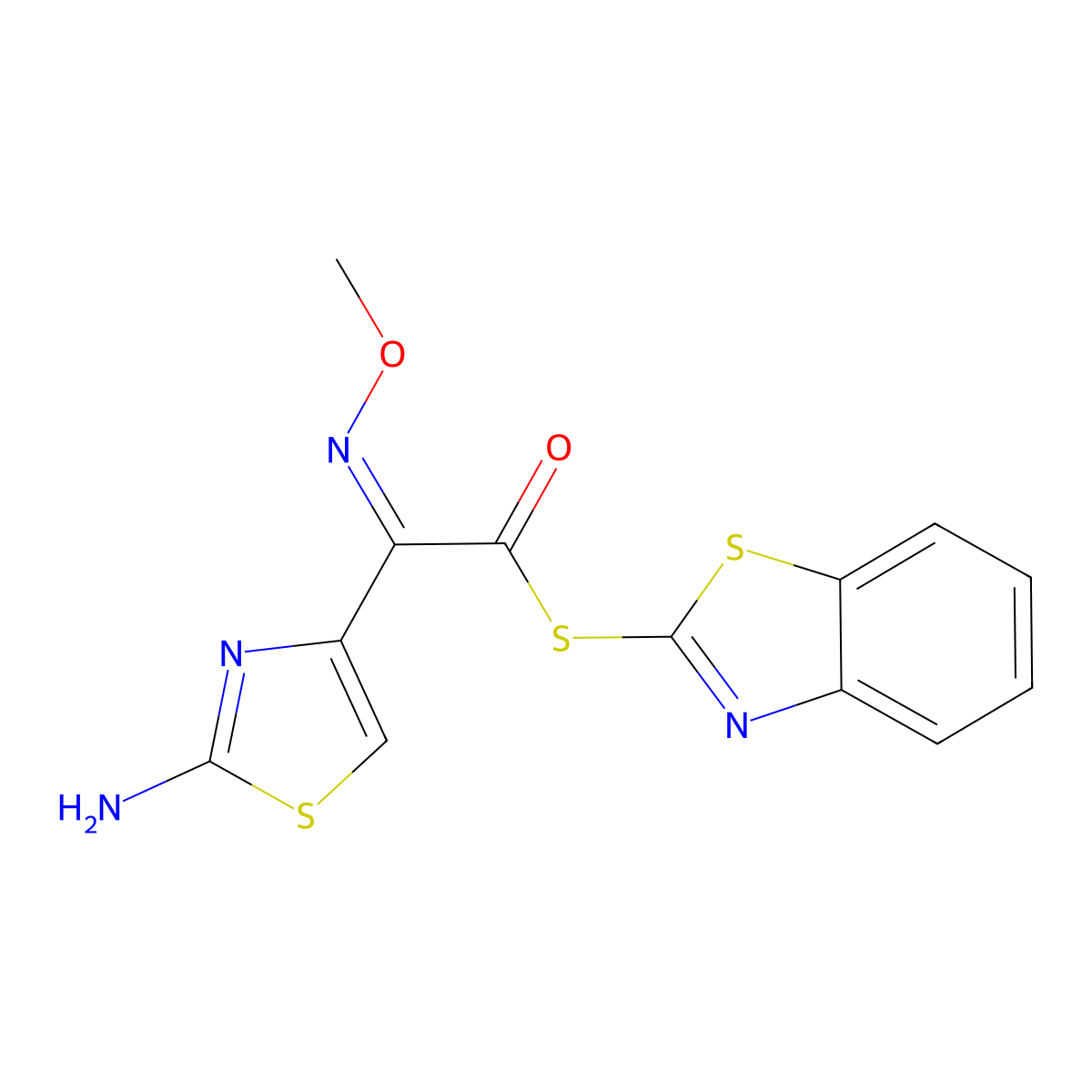 S-2-Benzothiazolyl-2-amino-alpha-(methoxyimino)-4-thiazolethiolacetate, (Z)- molecular structure, CAS 80756-85-0
