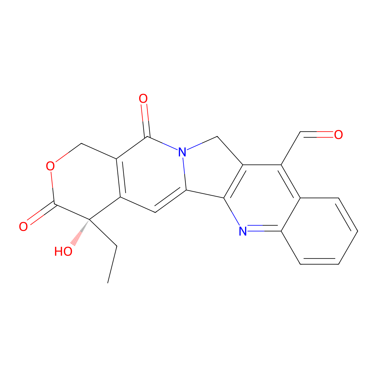 1H-Pyrano(3',4':6,7)indolizino(1,2-b)quinoline-11-carboxaldehyde, 4-ethyl-3,4,12,14-tetrahydro-4-hydroxy-3,14-dioxo-, (S)- molecular structure, CAS 80758-83-4