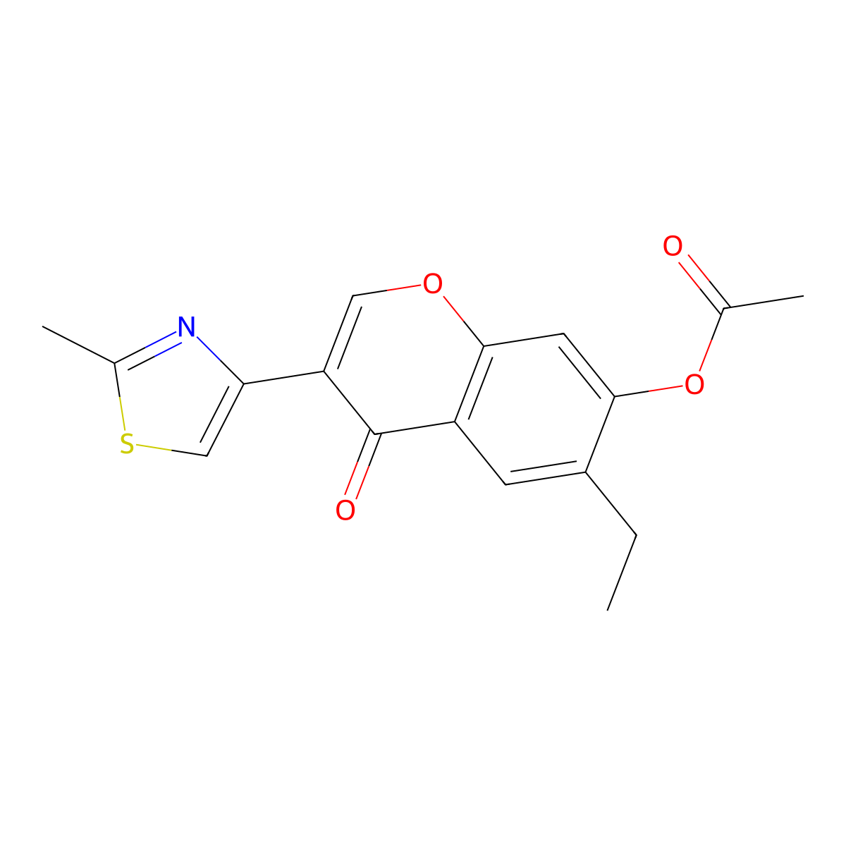 Chromone, 6-ethyl-7-hydroxy-3-(2-methylthiazol-4-yl)-, acetate (ester) molecular structure, CAS 80761-86-0