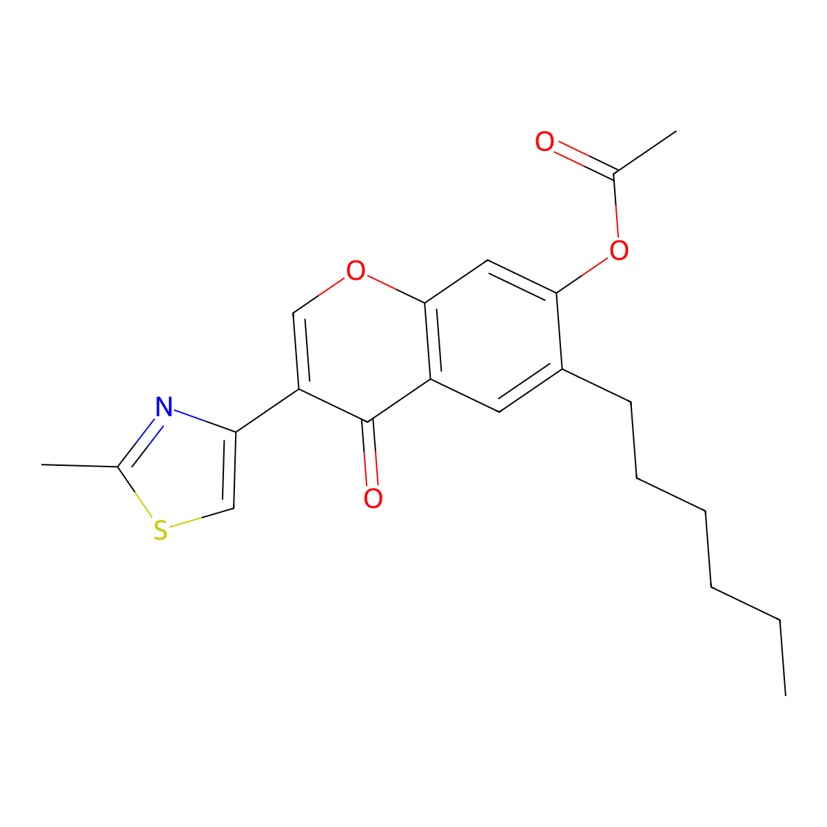 Chromone, 6-hexyl-7-hydroxy-3-(2-methylthiazol-4-yl)-, acetate (ester) molecular structure, CAS 80761-87-1
