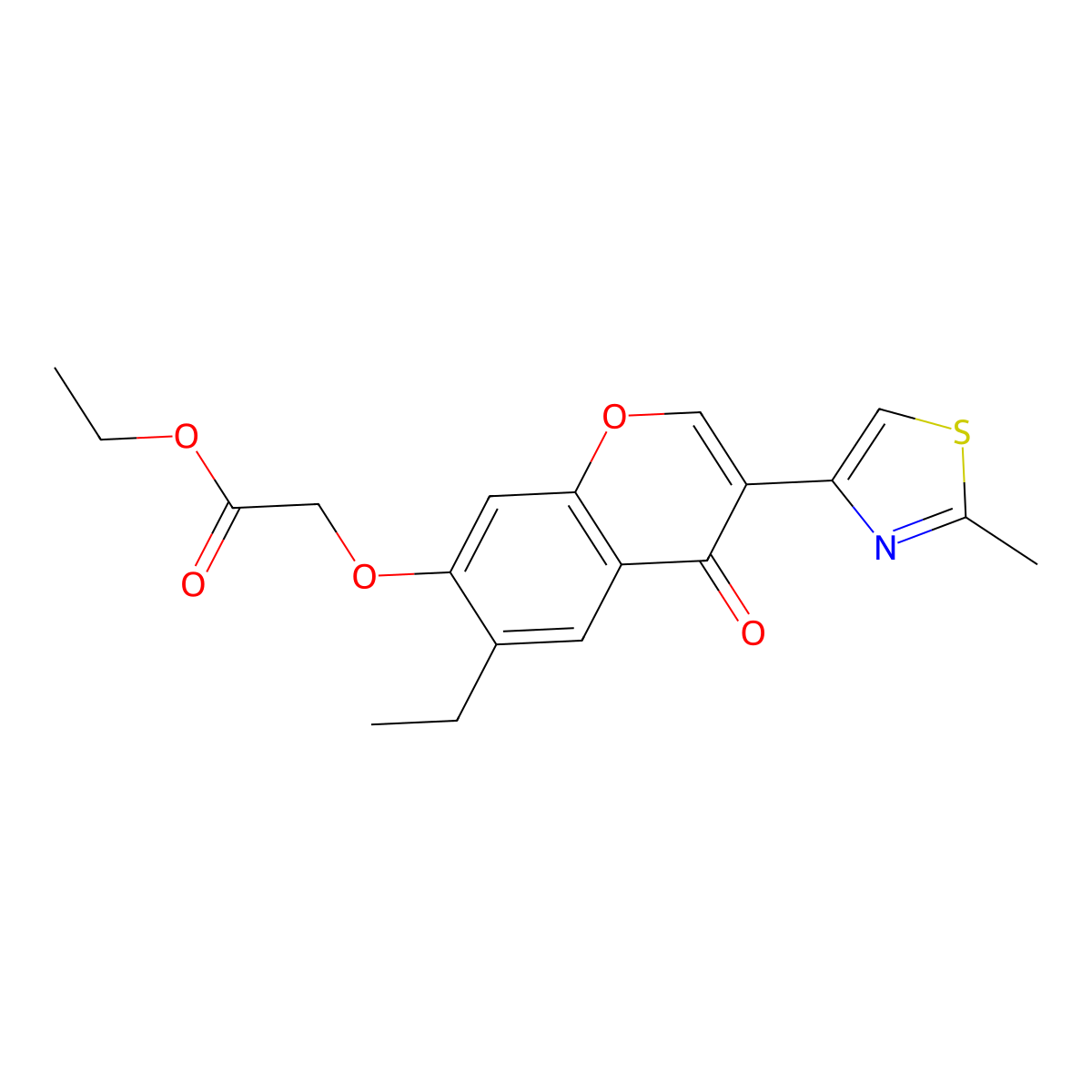 Acetic acid, 2-(6-ethyl-3-(2-methylthiazol-4-yl)-4-oxo-4H-1-benzopyran-7-yloxy)-, ethyl ester molecular structure, CAS 80761-89-3