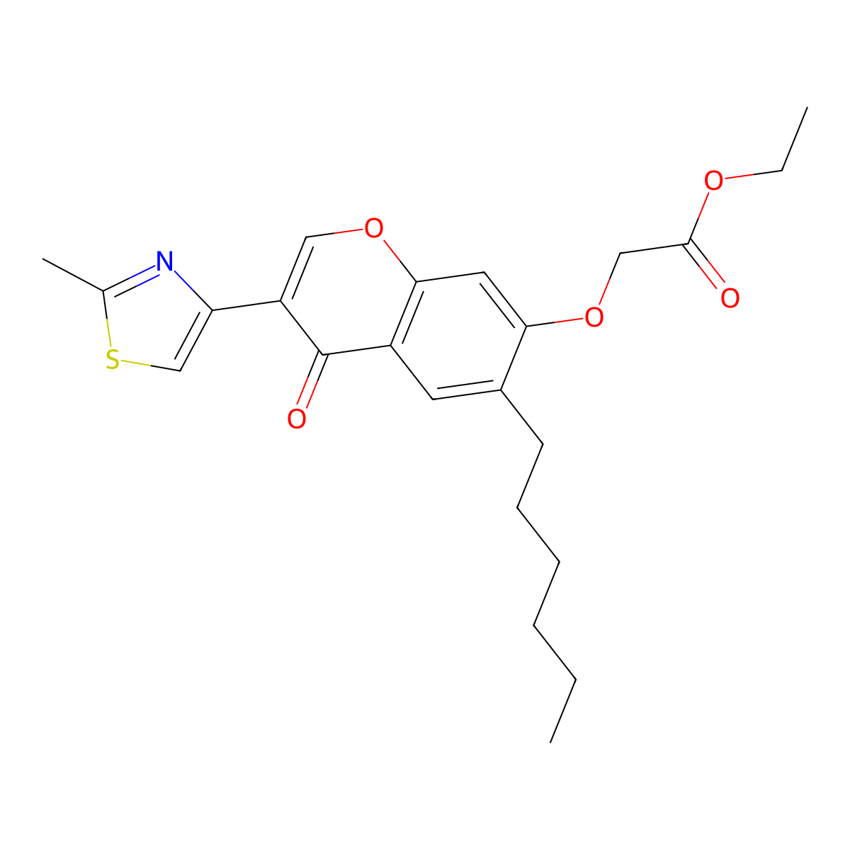 Acetic acid, 2-(6-hexyl-3-(2-methylthiazol-4-yl)-4-oxo-4H-1-benzopyran-7-yloxy)-, ethyl ester molecular structure, CAS 80761-90-6
