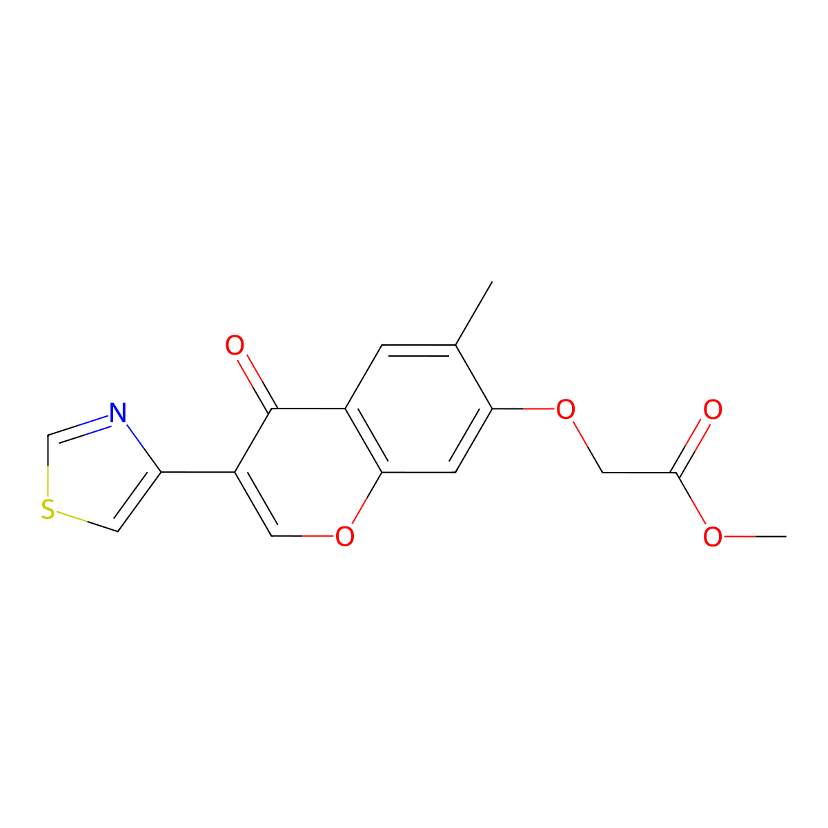 Acetic acid, 2-(6-methyl-4-oxo-3-(thiazol-4-yl)-4H-1-benzopyran-7-yloxy)-, methyl ester molecular structure, CAS 80782-87-2