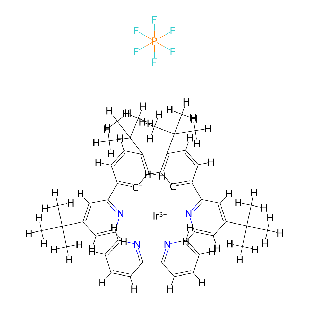 Iridium-(2,2'-bipyridine-κN1,κN1')bis[5-(1,1-dimethylethyl)-2-[4-(1,1-dimethylethyl)-2-pyridinyl-κN]phenyl-κC]-(OC-6-33)-hexafluorophosphate molecular structure, CAS 808142-78-1