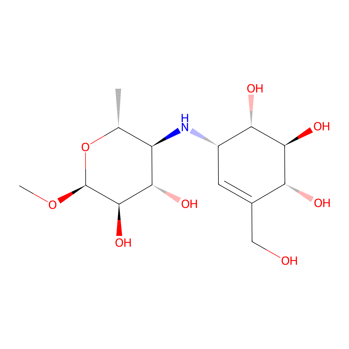 Methyl 4,6-dideoxy-4-[[(1S,4R,5S,6S)-4,5,6-trihydroxy-3-(hydroxymethyl)-2-cyclohexen-1-yl]amino]-alpha-D-glucopyranoside molecular structure, CAS 80943-41-5