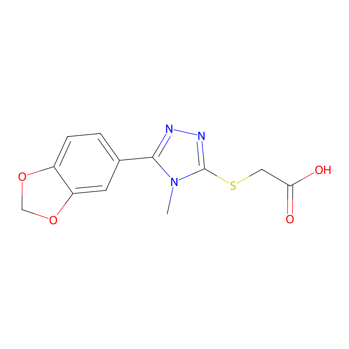 (5-Benzo[1,3]dioxol-5-yl-4-methyl-4H-[1,2,4]triazol-3-ylsulfanyl)-acetic acid molecular structure, CAS 80987-61-7