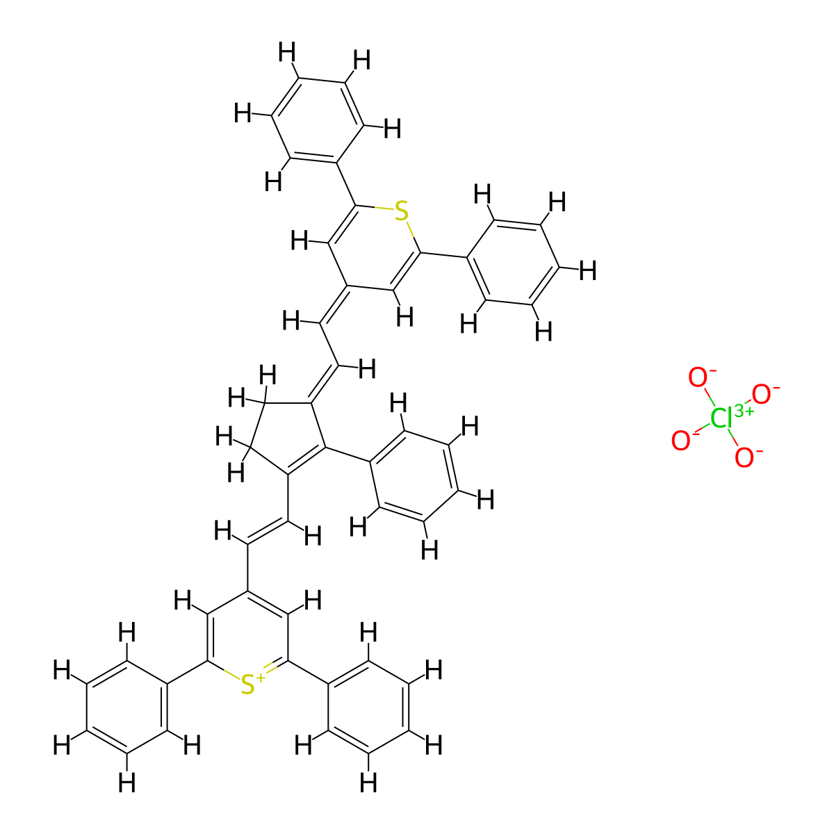 4-[(E)-2-[(3E)-3-[2-(2,6-diphenylthiopyran-4-ylidene)ethylidene]-2-phenylcyclopenten-1-yl]ethenyl]-2,6-diphenylthiopyrylium perchlorate molecular structure, CAS 80994-80-5