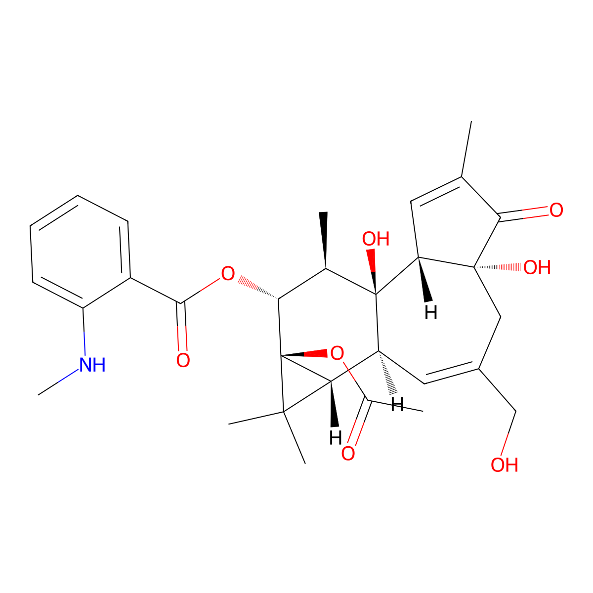 Benzoic acid, 2-(methylamino)-, (1aR,1bS,4aR,7aS,7bS,8R,9R,9aS)-9a-(acetyloxy)-1a,1b,4,4a,5,7a,7b,8,9,9a-decahydro-4a,7b-dihydroxy-3-(hydroxymethyl)-1,1,6,8-tetramethyl-5-oxo-1H-cyclopropa(3,4)benz(1,2-e)azulen-9-yl ester molecular structure, CAS 80998-07-8