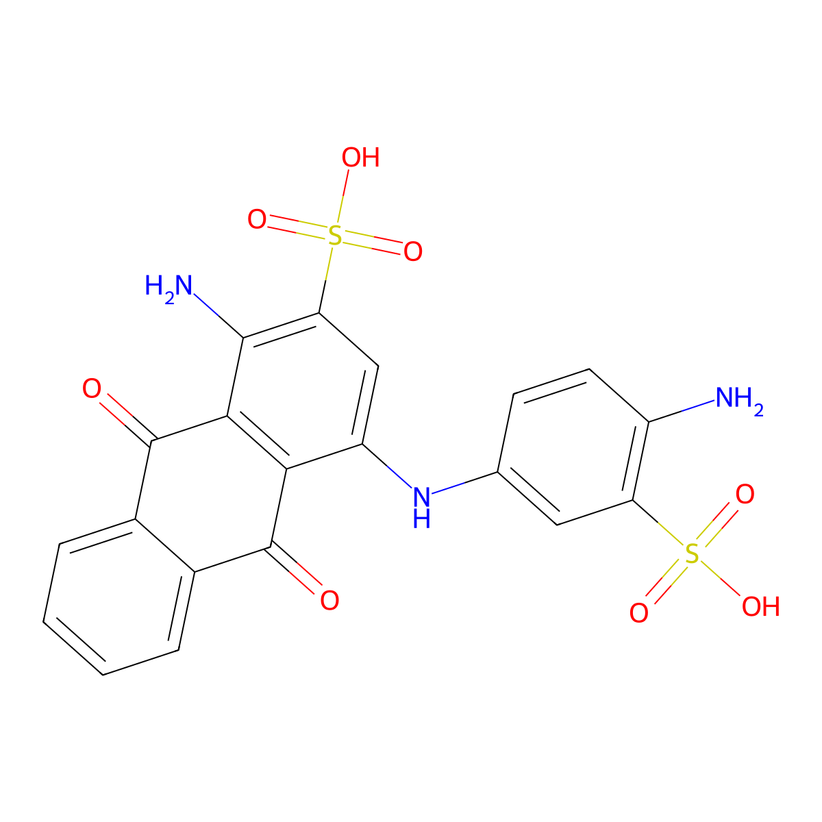2-Anthracenesulfonic acid, 1-amino-4-[(4-amino-3-sulfophenyl)amino]-9,10-dihydro-9,10-dioxo- molecular structure, CAS 81-69-6