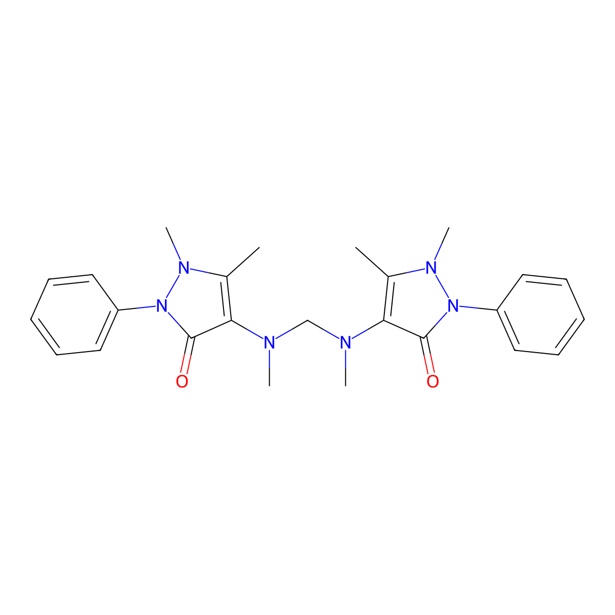 4,4'-[methylenebis(methylimino)]bis[1,2-dihydro-1,5-dimethyl-2-phenyl-3H-pyrazol-3-one] molecular structure, CAS 810-16-2