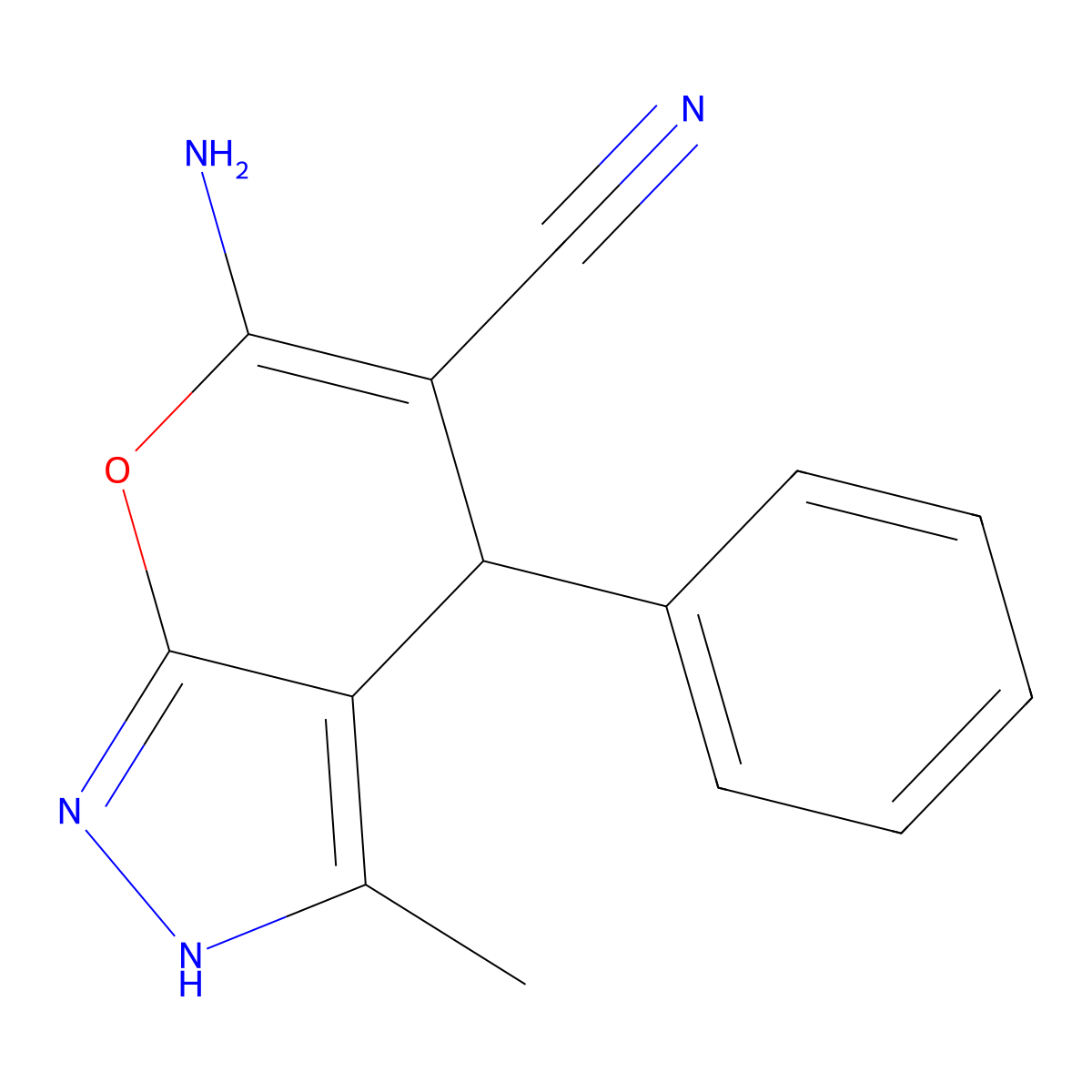 6-Amino-3-methyl-4-phenyl-1,4-dihydropyrano[2,3-c]pyrazole-5-carbonitrile molecular structure, CAS 81000-11-5