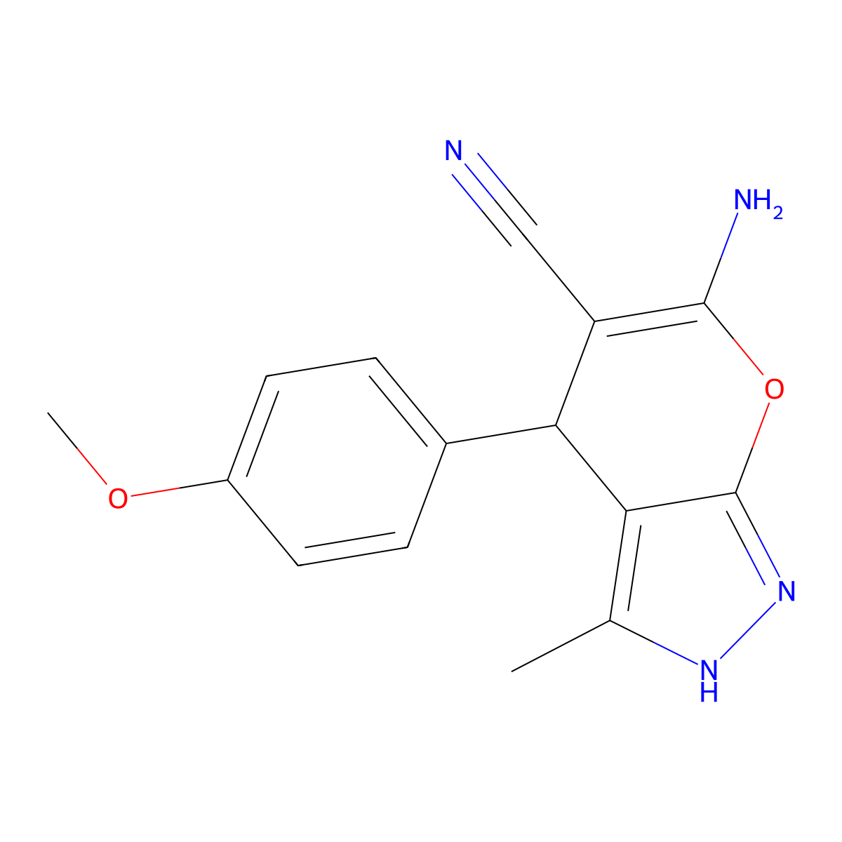 6-Amino-1,4-dihydro-4-(4-methoxyphenyl)-3-methylpyrano(2,3-c)pyrazole-5-carbonitrile molecular structure, CAS 81000-12-6