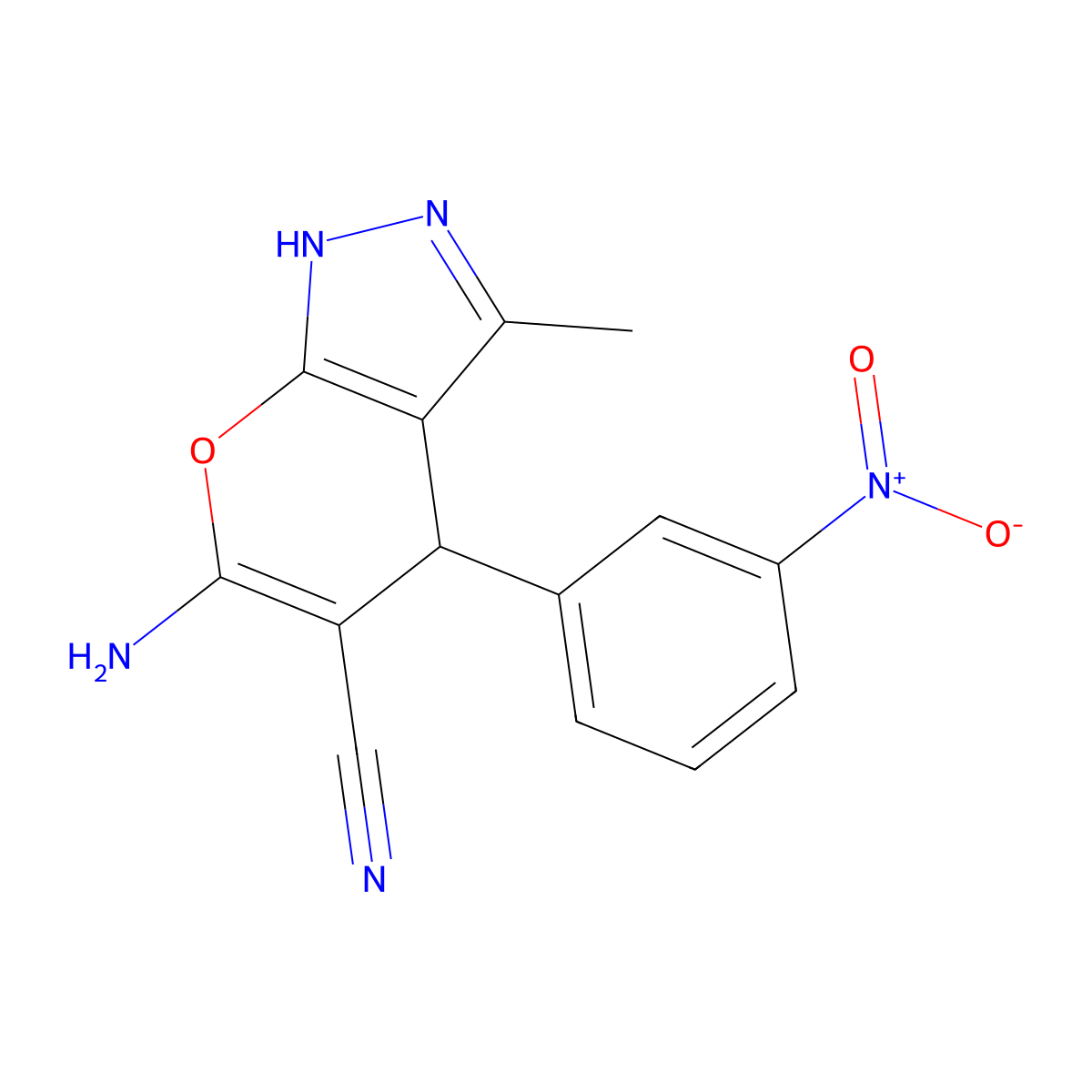 6-Amino-1,4-dihydro-3-methyl-4-(3-nitrophenyl)pyrano[2,3-c]pyrazole-5-carbonitrile molecular structure, CAS 81000-13-7