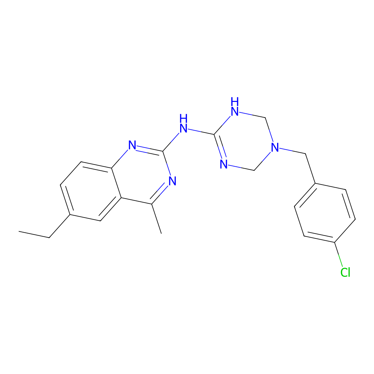 N-[5-(4-chlorobenzyl)-1,4,5,6-tetrahydro-1,3,5-triazin-2-yl]-6-ethyl-4-methylquinazolin-2-amine molecular structure, CAS 810627-91-9