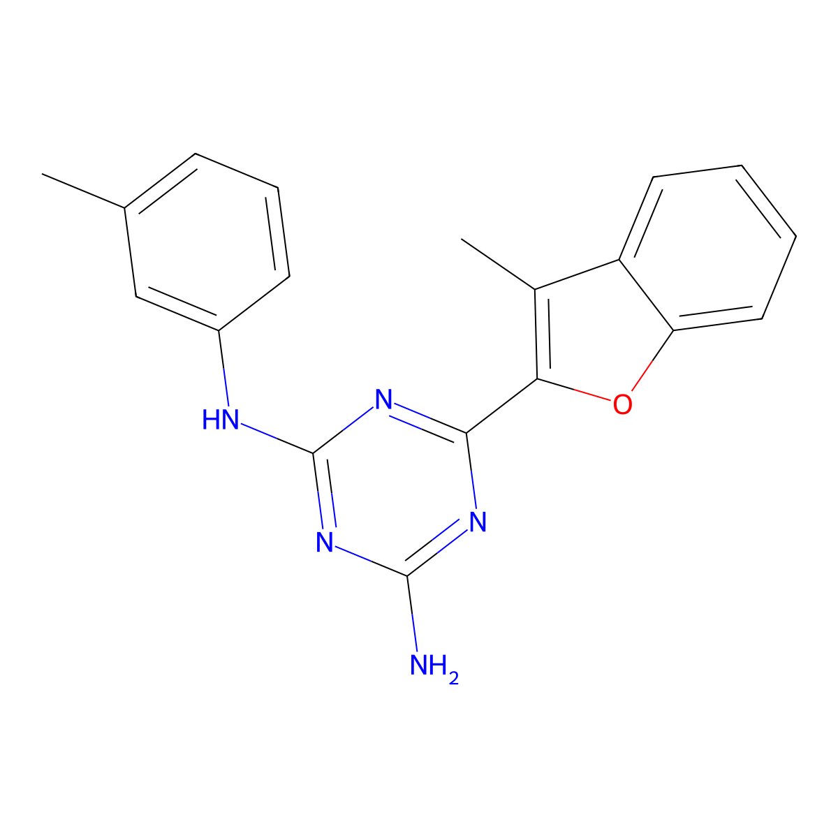 6-(3-Methyl-benzofuran-2-yl)-N-m-tolyl-[1,3,5]triazine-2,4-diamine molecular structure, CAS 810628-30-9