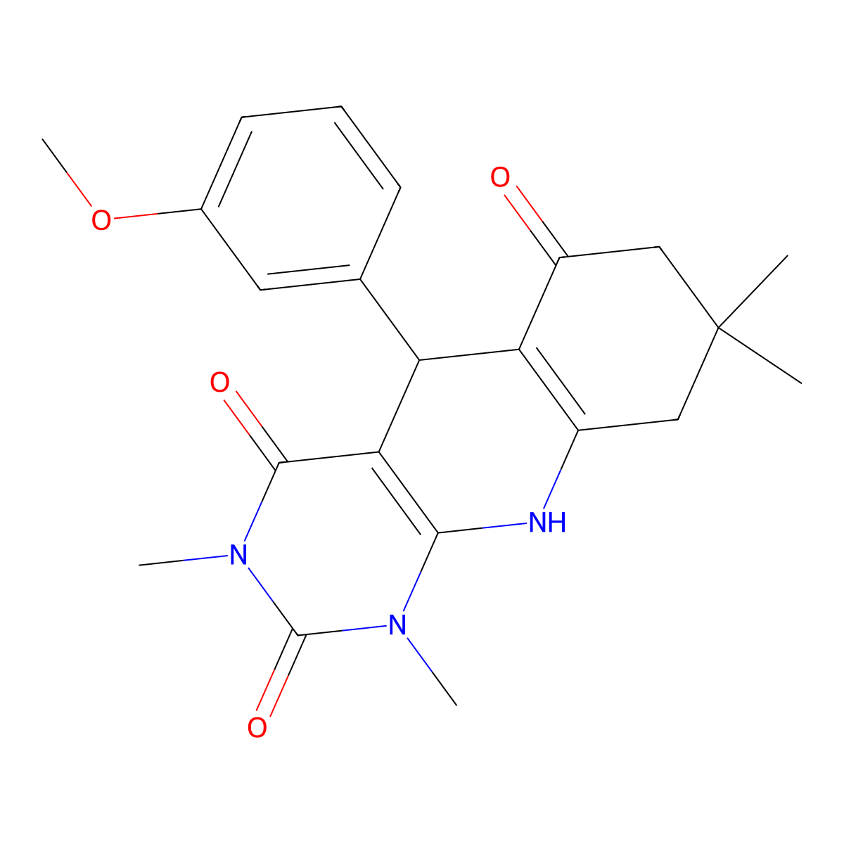 5-(3-Methoxyphenyl)-1,3,8,8-tetramethyl-5,7,9,10-tetrahydropyrimido[4,5-b]quinoline-2,4,6-trione molecular structure, CAS 810628-89-8