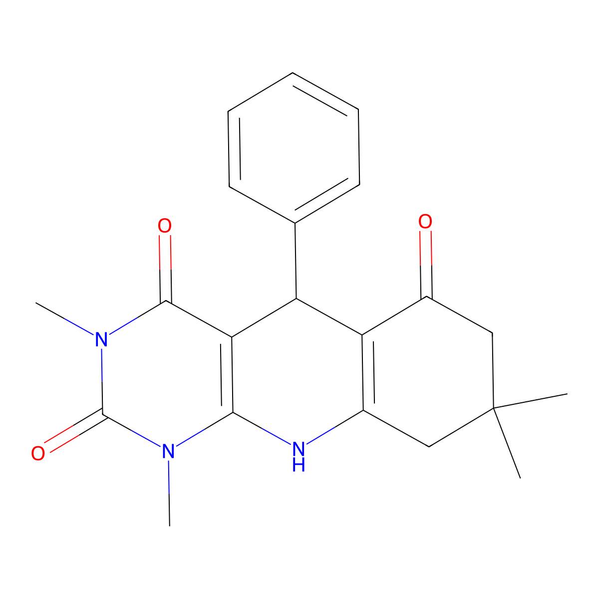 1,3,8,8-tetramethyl-5-phenyl-5,8,9,10-tetrahydropyrimido[4,5-b]quinoline-2,4,6(1H,3H,7H)-trione molecular structure, CAS 810628-93-4