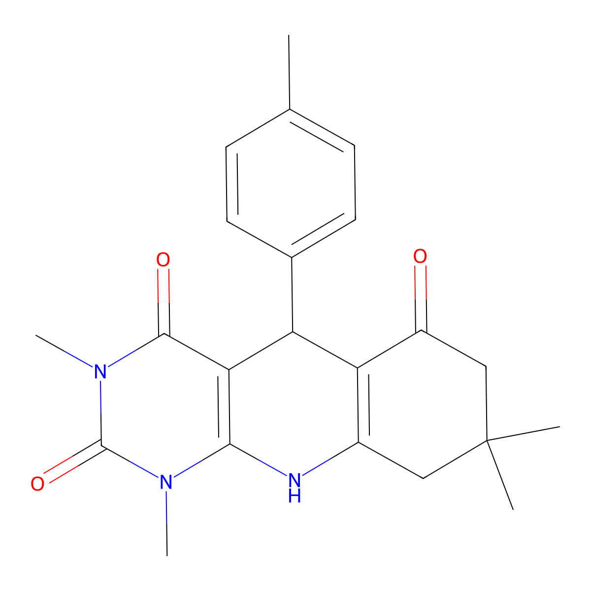 1,3,8,8-tetramethyl-5-(4-methylphenyl)-5,8,9,10-tetrahydropyrimido[4,5-b]quinoline-2,4,6(1H,3H,7H)-trione molecular structure, CAS 810628-97-8