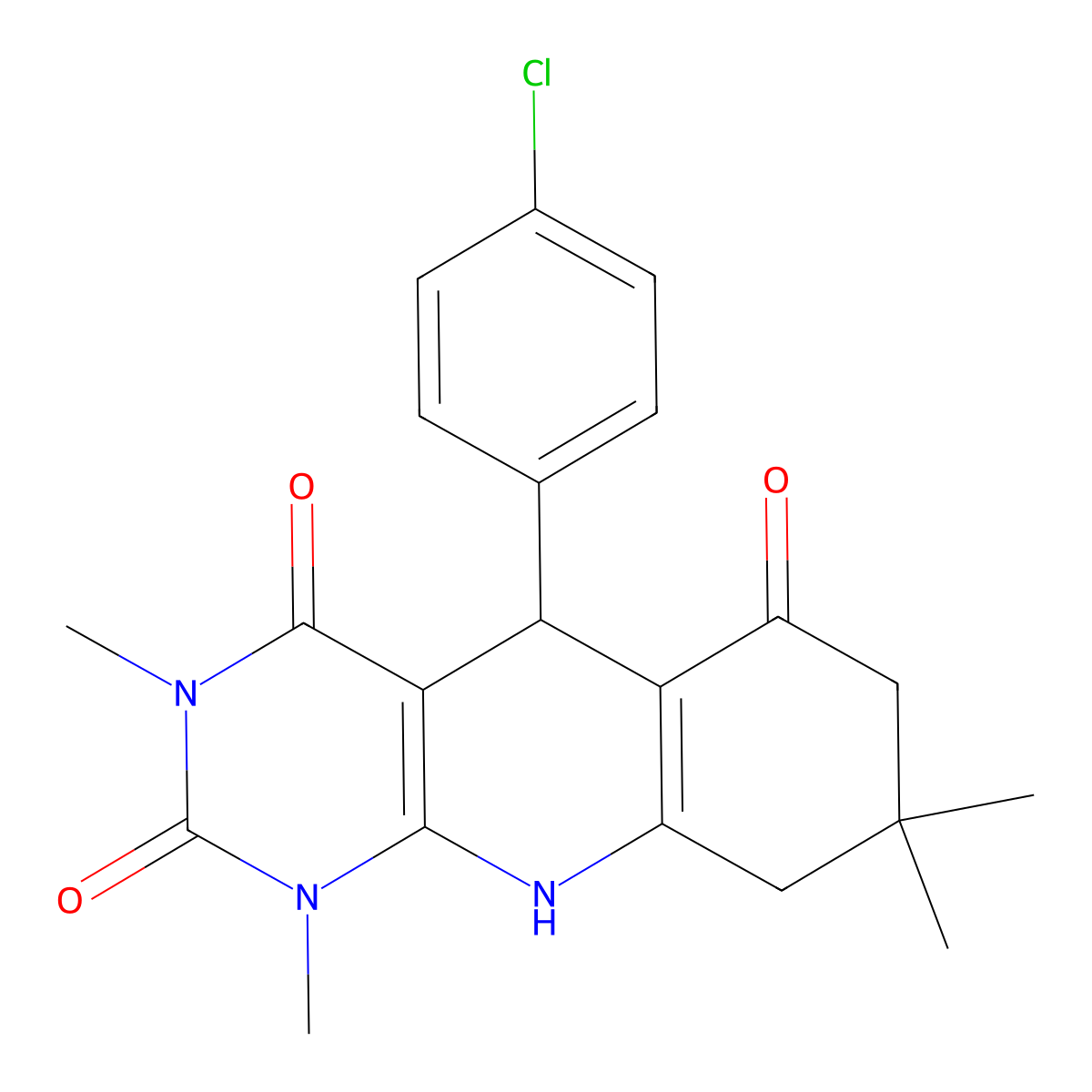 5-(4-chlorophenyl)-1,3,8,8-tetramethyl-5,8,9,10-tetrahydropyrimido[4,5-b]quinoline-2,4,6(1H,3H,7H)-trione molecular structure, CAS 810629-01-7