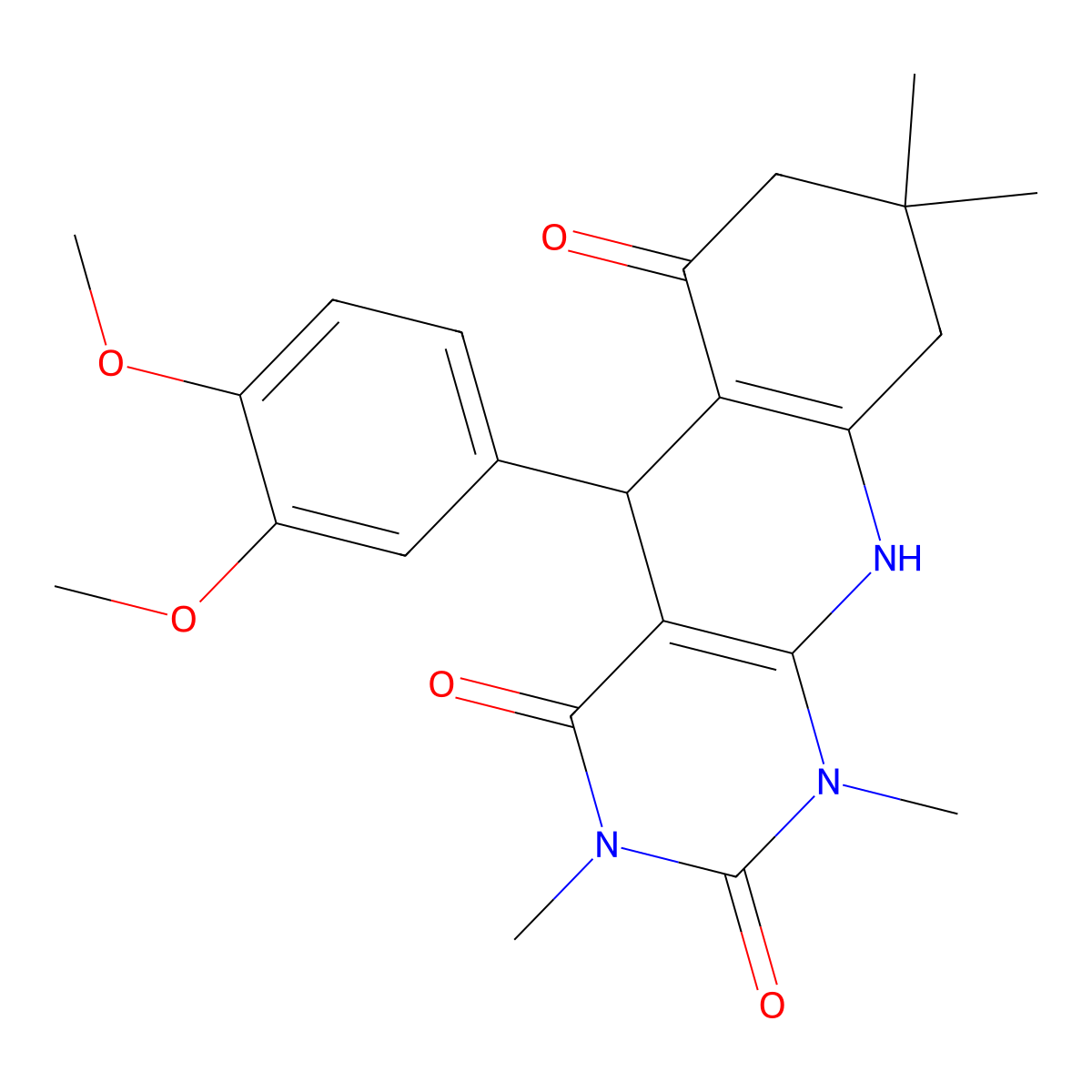 5-(3,4-dimethoxyphenyl)-1,3,8,8-tetramethyl-5,8,9,10-tetrahydropyrimido[4,5-b]quinoline-2,4,6(1H,3H,7H)-trione molecular structure, CAS 810629-05-1