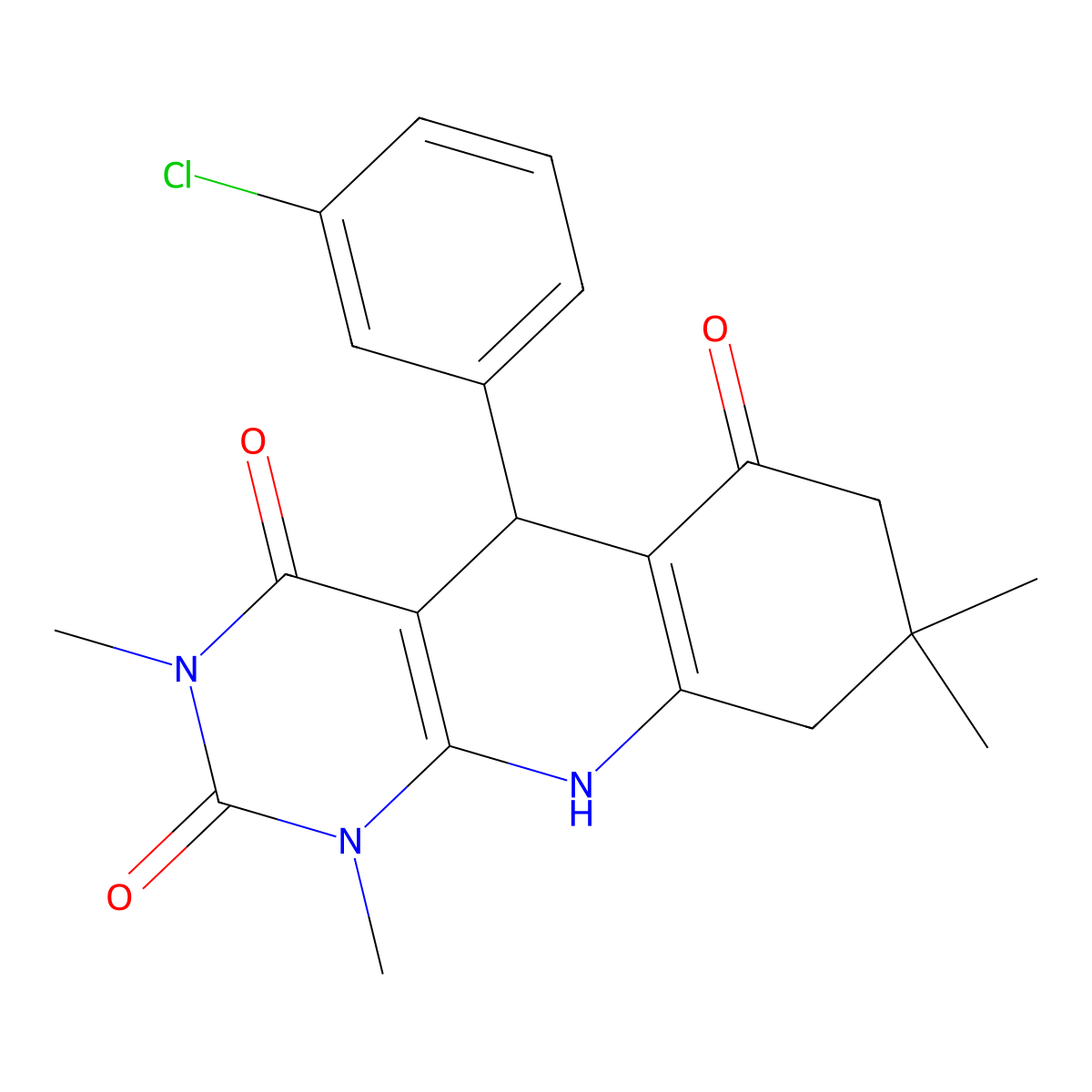 5-(3-chlorophenyl)-1,3,8,8-tetramethyl-7,8,9,10-tetrahydropyrimido[4,5-b]quinoline-2,4,6(1H,3H,5H)-trione molecular structure, CAS 810629-09-5