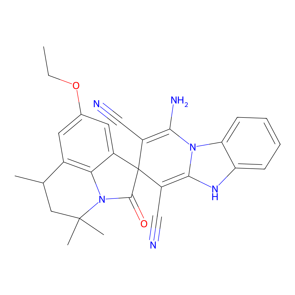 1-amino-8'-ethoxy-4',4',6'-trimethyl-2'-oxo-5',6'-dihydro-4'H,5H-spiro[pyrido[1,2-a]benzimidazole-3,1'-pyrrolo[3,2,1-ij]quinoline]-2,4-dicarbonitrile molecular structure, CAS 810630-95-6