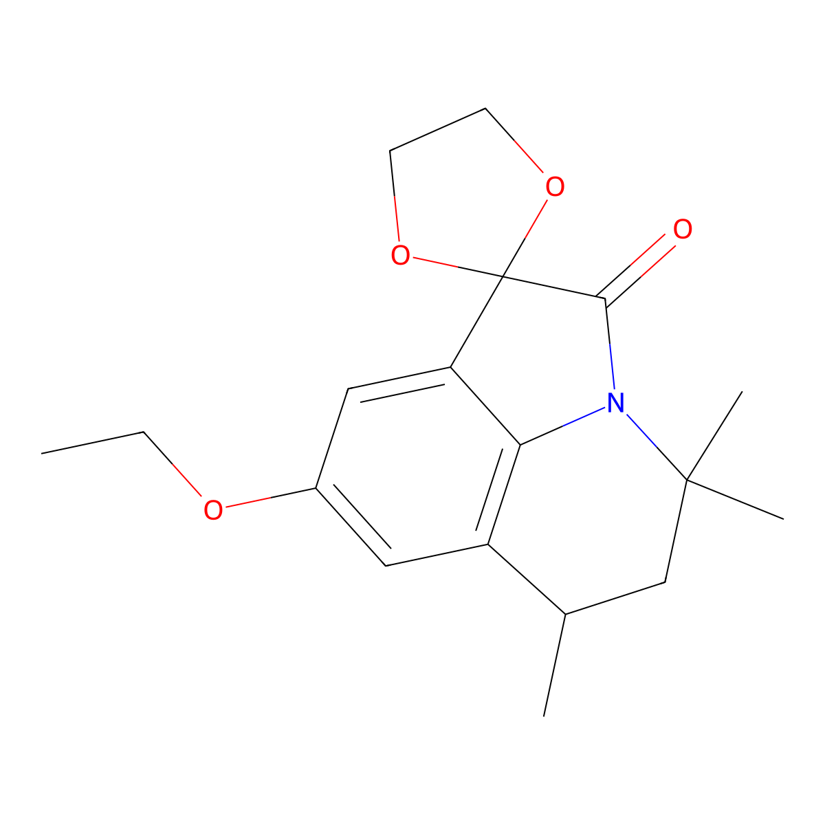 8'-ethoxy-4',4',6'-trimethyl-5',6'-dihydro-4'H-spiro[1,3-dioxolane-2,1'-pyrrolo[3,2,1-ij]quinolin]-2'-one molecular structure, CAS 810631-27-7
