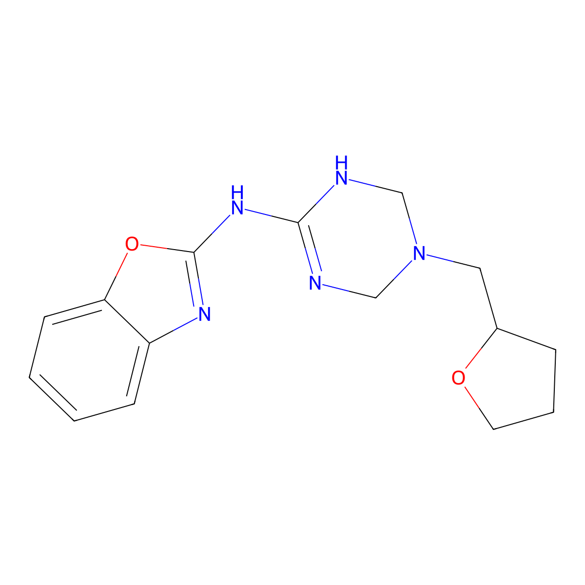 N-[5-(tetrahydrofuran-2-ylmethyl)-1,4,5,6-tetrahydro-1,3,5-triazin-2-yl]-1,3-benzoxazol-2-amine molecular structure, CAS 810633-85-3