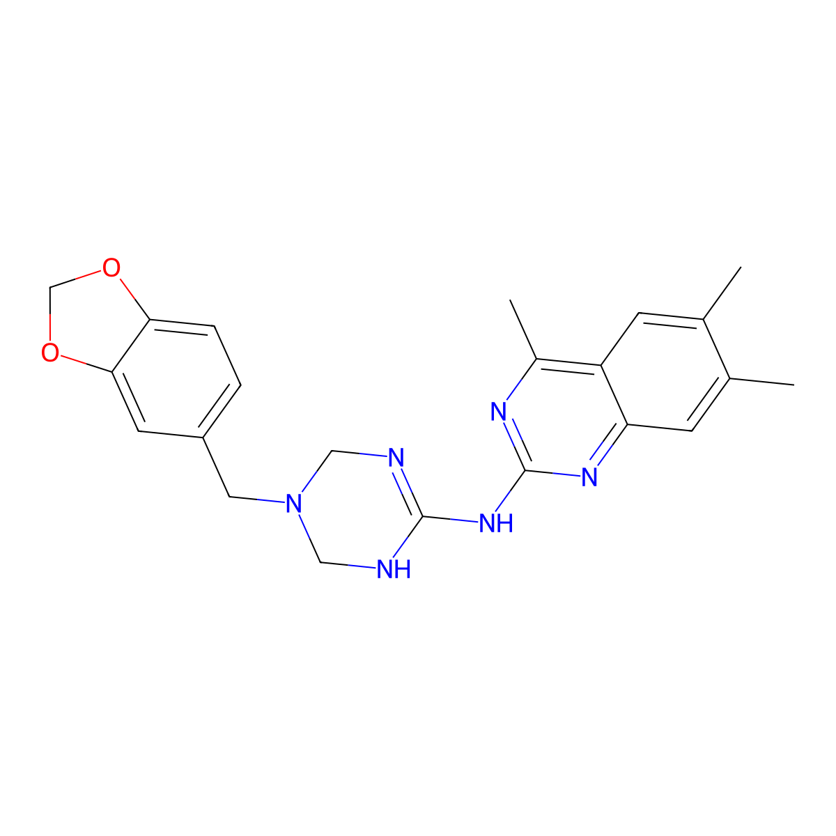 N-[5-(1,3-benzodioxol-5-ylmethyl)-1,4,5,6-tetrahydro-1,3,5-triazin-2-yl]-4,6,7-trimethylquinazolin-2-amine molecular structure, CAS 810634-41-4