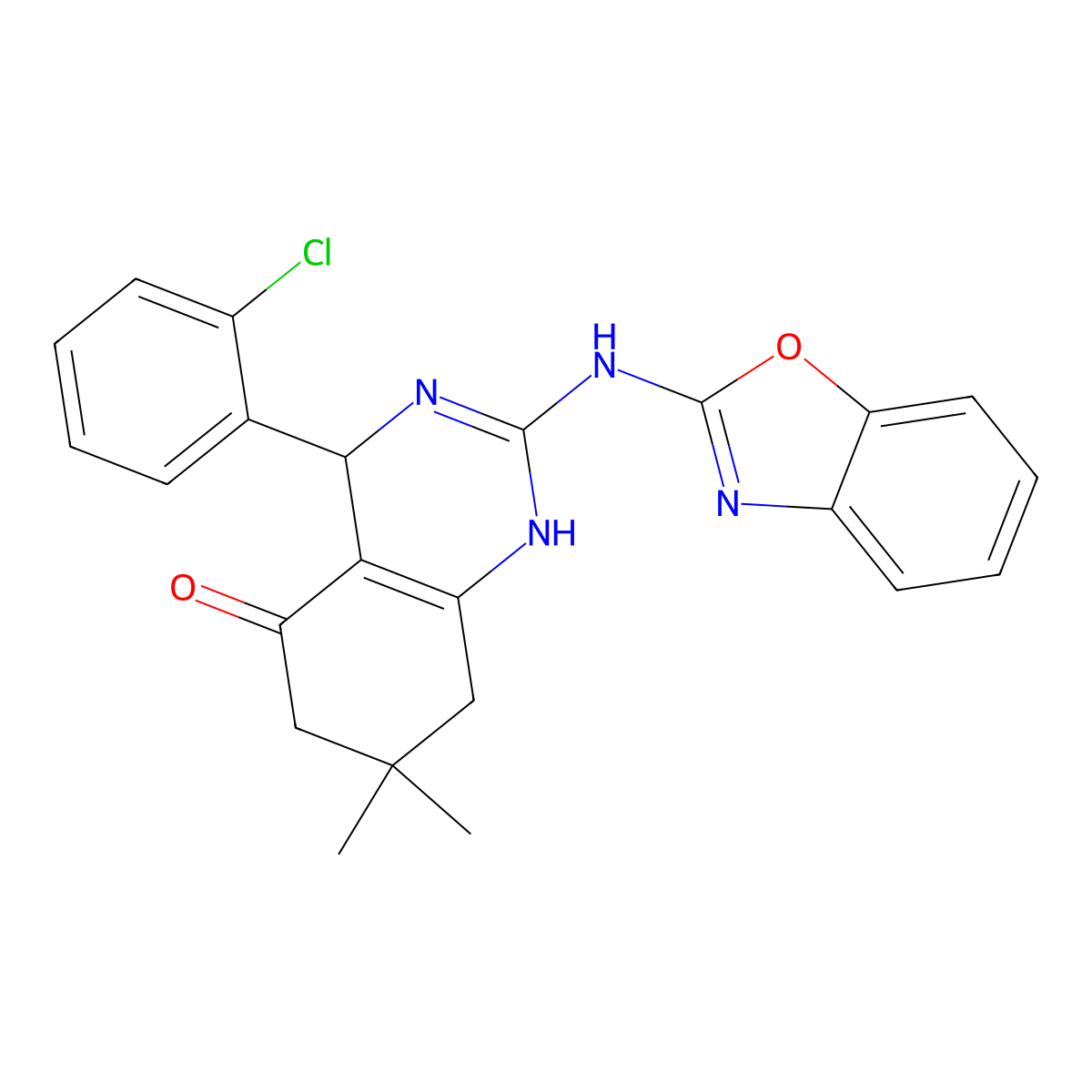 2-(1,3-benzoxazol-2-ylamino)-4-(2-chlorophenyl)-7,7-dimethyl-4,6,7,8-tetrahydroquinazolin-5(1H)-one molecular structure, CAS 810635-29-1