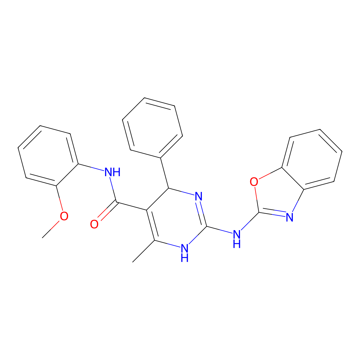 2-(1,3-benzoxazol-2-ylamino)-N-(2-methoxyphenyl)-6-methyl-4-phenyl-1,4-dihydropyrimidine-5-carboxamide molecular structure, CAS 810636-49-8