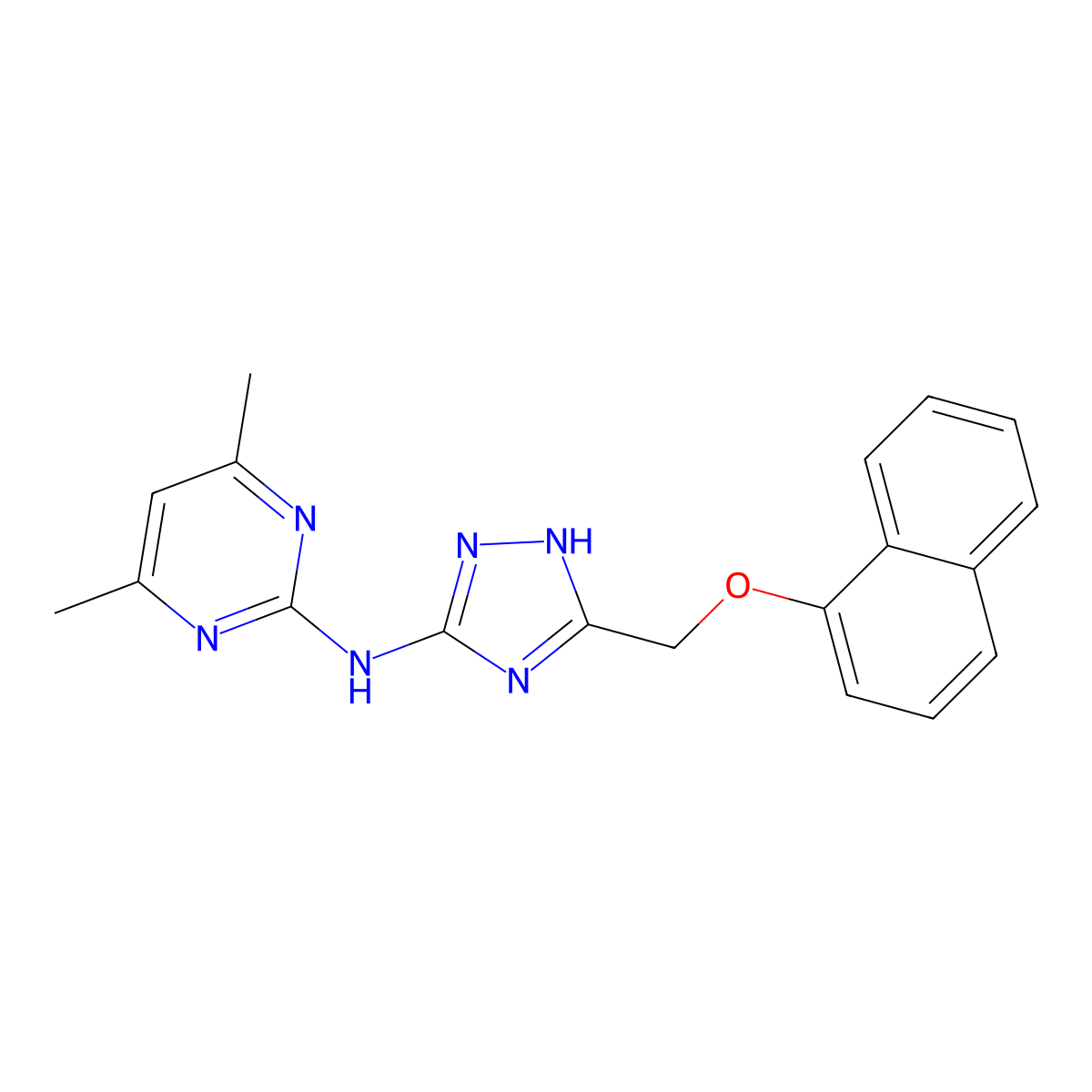 4,6-dimethyl-N-{5-[(naphthalen-1-yloxy)methyl]-1H-1,2,4-triazol-3-yl}pyrimidin-2-amine molecular structure, CAS 810686-73-8