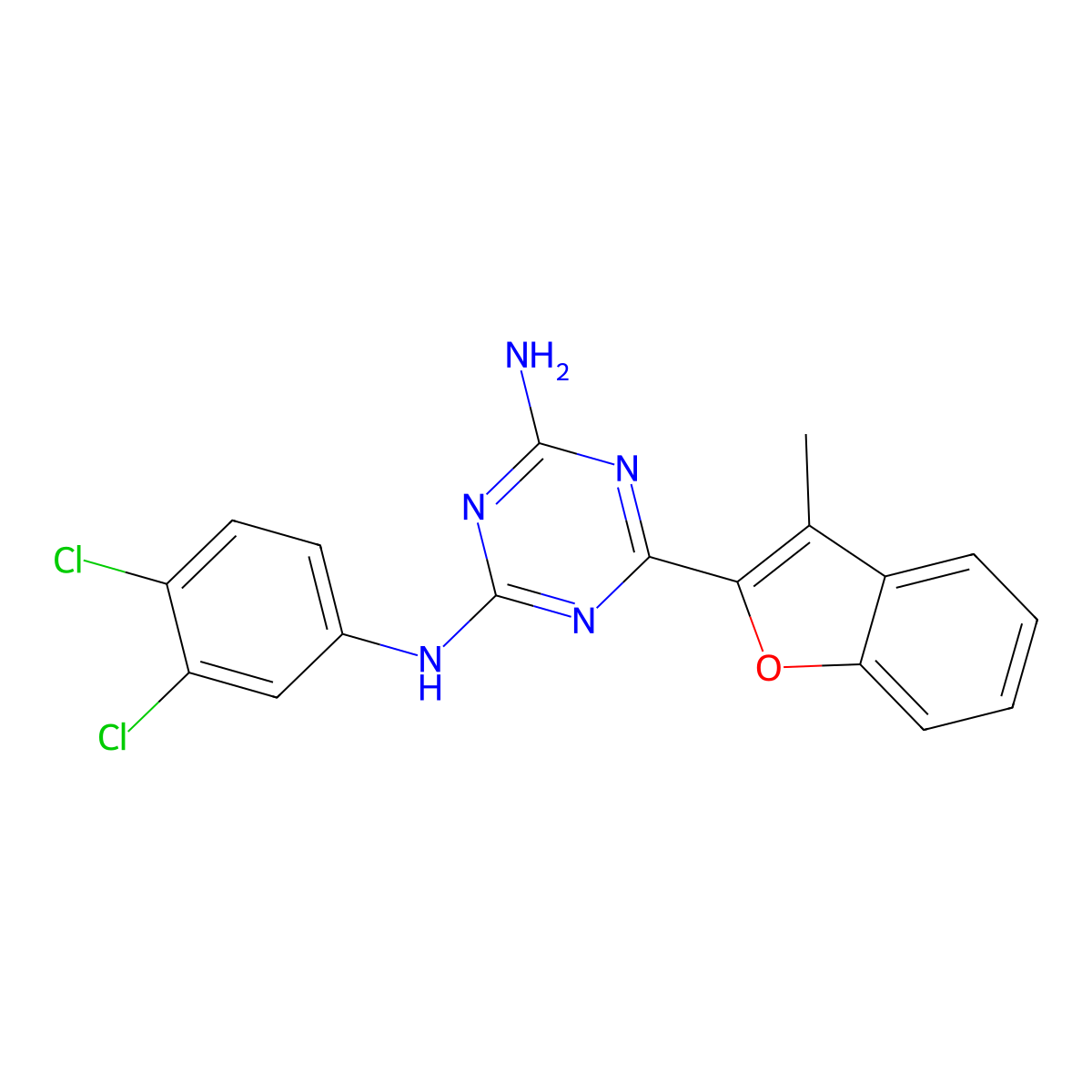 N-(3,4-dichlorophenyl)-6-(3-methyl-1-benzofuran-2-yl)-1,3,5-triazine-2,4-diamine molecular structure, CAS 810686-86-3