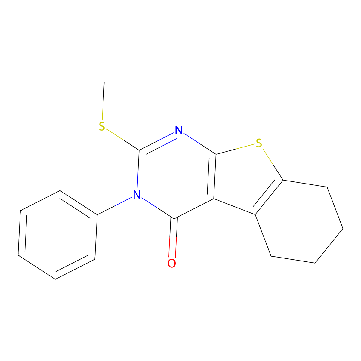 2-(methylsulfanyl)-3-phenyl-5,6,7,8-tetrahydro[1]benzothieno[2,3-d]pyrimidin-4(3H)-one molecular structure, CAS 81136-38-1
