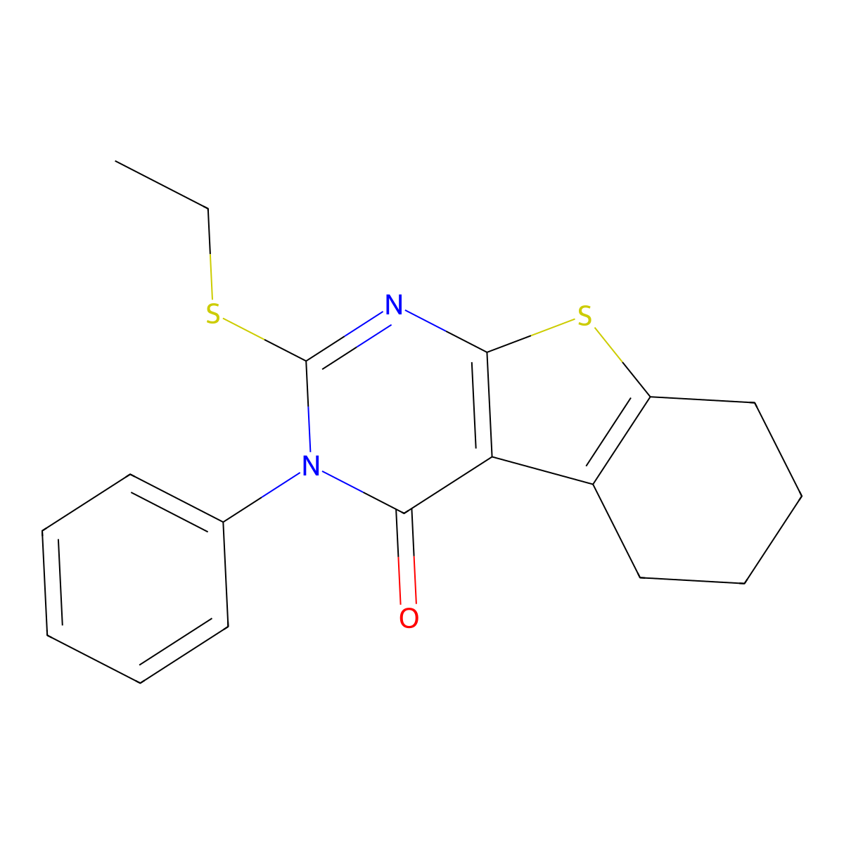 2-Ethylsulfanyl-3-phenyl-5,6,7,8-tetrahydro-[1]benzothiolo[2,3-d]pyrimidin-4-one molecular structure, CAS 81136-39-2