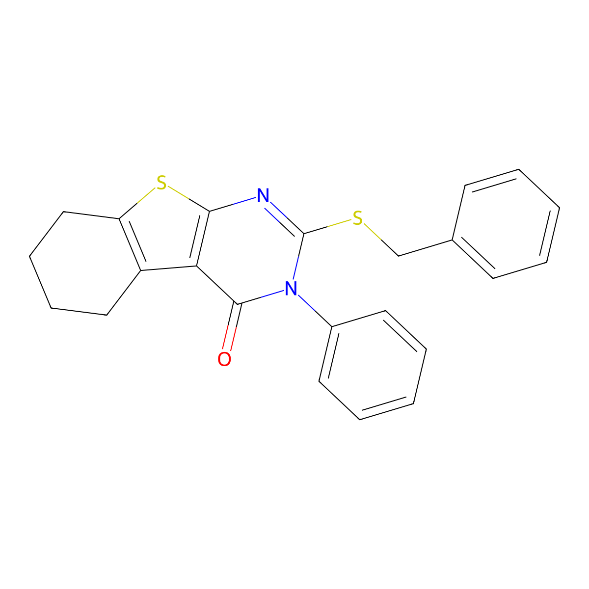 2-Benzylsulfanyl-3-phenyl-5,6,7,8-tetrahydro-[1]benzothiolo[2,3-d]pyrimidin-4-one molecular structure, CAS 81136-40-5