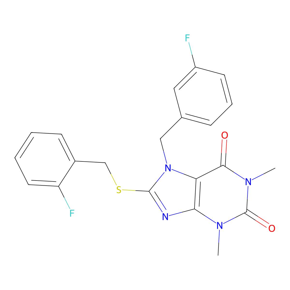 7-[(3-Fluorophenyl)methyl]-8-[(2-fluorophenyl)methylsulfanyl]-1,3-dimethylpurine-2,6-dione molecular structure, CAS 812641-63-7