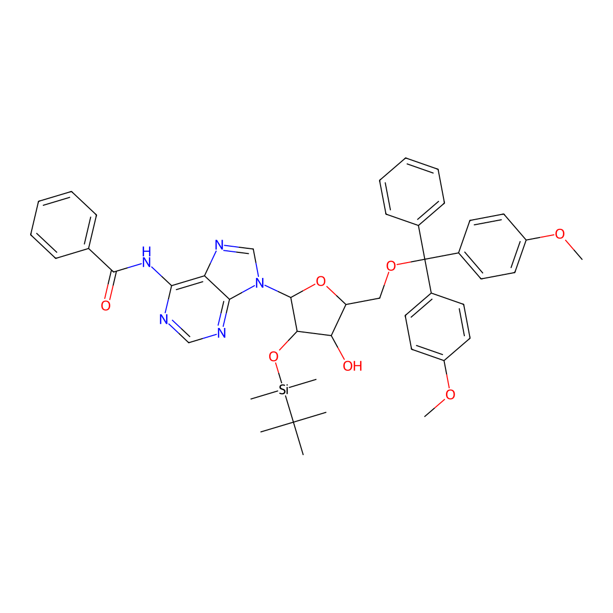 N-Benzoyl-5'-O-(bis(4-methoxyphenyl)(phenyl)methyl)-2'-O-(tert-butyl(dimethyl)silyl)adenosine molecular structure, CAS 81265-93-2