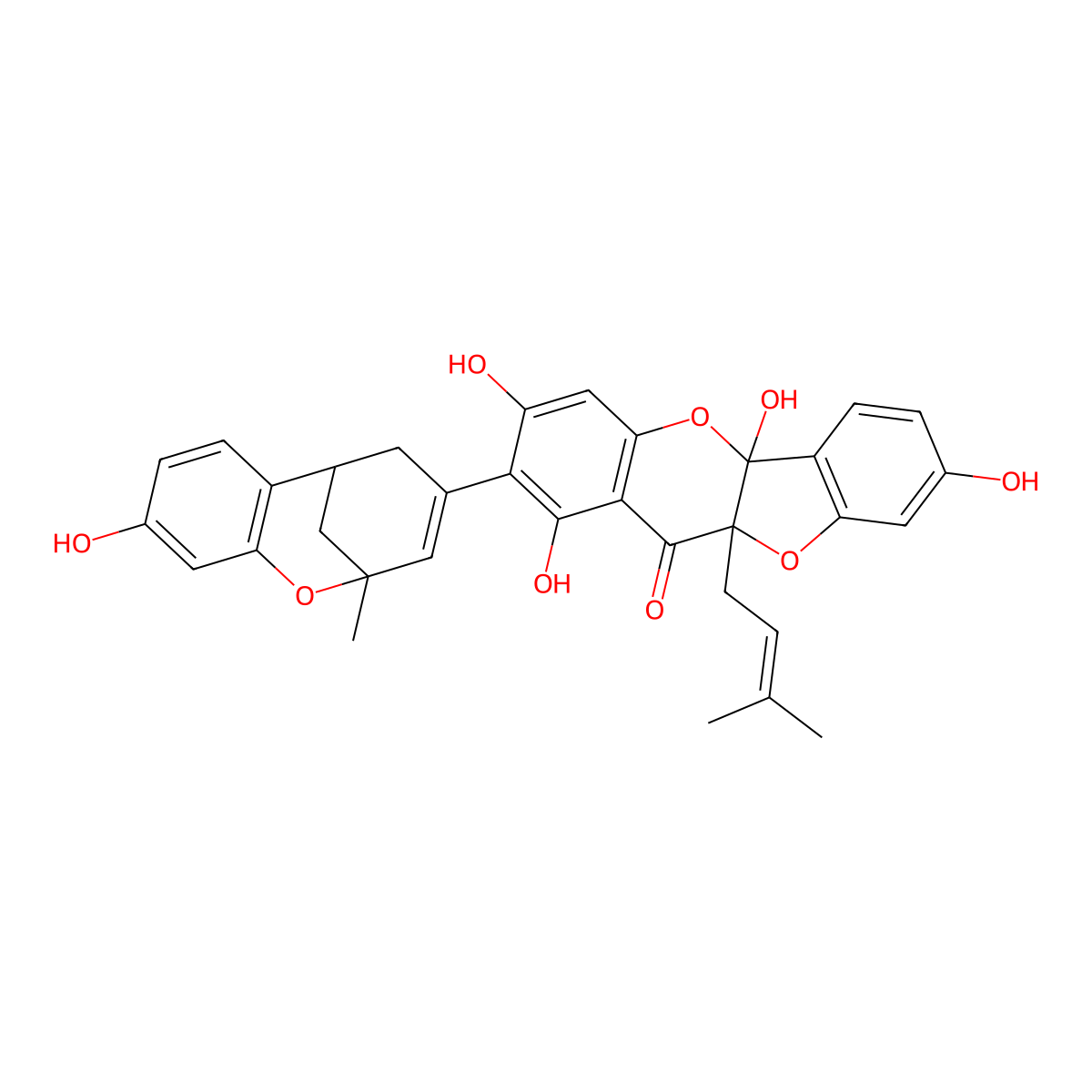 11H-Benzofuro(3,2-b)(1)benzopyran-11-one, 2-(5,6-dihydro-9-hydroxy-2-methyl-2,6-methano-2H-1-benzoxocin-4-yl)-5a,10a-dihydro-1,3,5a,8-tetrahydroxy-10a-(3-methyl-2-butenyl)- molecular structure, CAS 81381-67-1