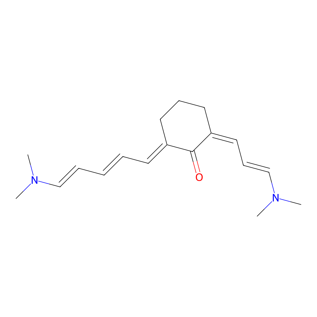 2-[5-(Dimethylamino)-2,4-pentadien-1-ylidene]-6-[3-(dimethylamino)-2-propen-1-ylidene]cyclohexanone molecular structure, CAS 81430-84-4