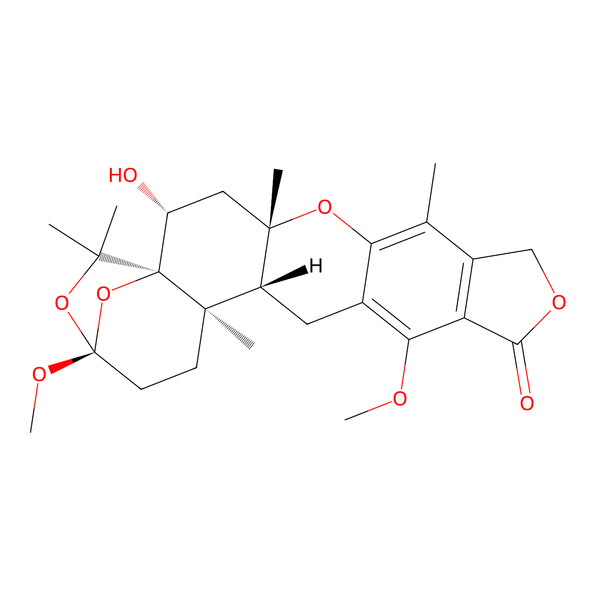 (3S,5aR,6R,7aS,14aR,14bR)-1,2,3,6,7,7a,10,14,14a,14b-Decahydro-6-hydroxy-3,13-dimethoxy-5,5,7a,9,14b-pentamethyl-5H-3,5a-epoxy-12H-furo(3,4-i)oxepino(4,3-a)xanthen-12-one molecular structure, CAS 81543-02-4