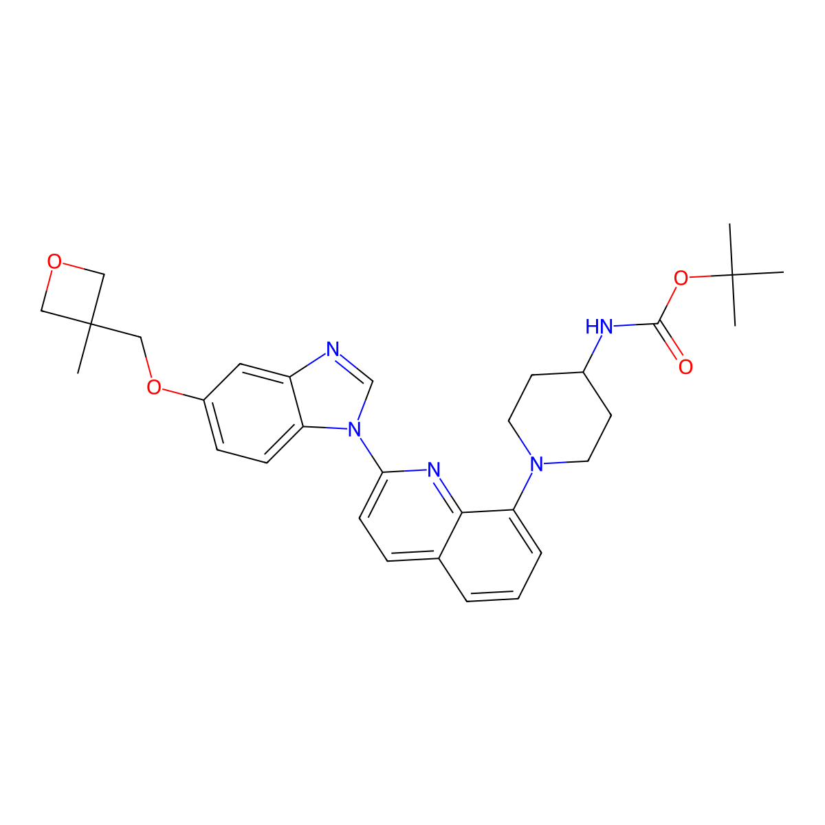 tert-butyl (1-(2-(5-((3-methyloxetan-3-yl)methoxy)-1H-benzo[d]imidazol-1-yl)quinolin-8-yl)piperidin-4-yl)carbamate molecular structure, CAS 816463-40-8