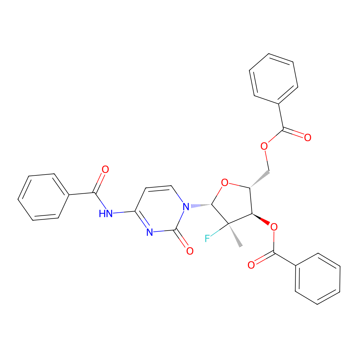 Cytidine, N-benzoyl-2'-deoxy-2'-fluoro-2'-methyl-, 3',5'-dibenzoate, (2'R)- molecular structure, CAS 817204-32-3