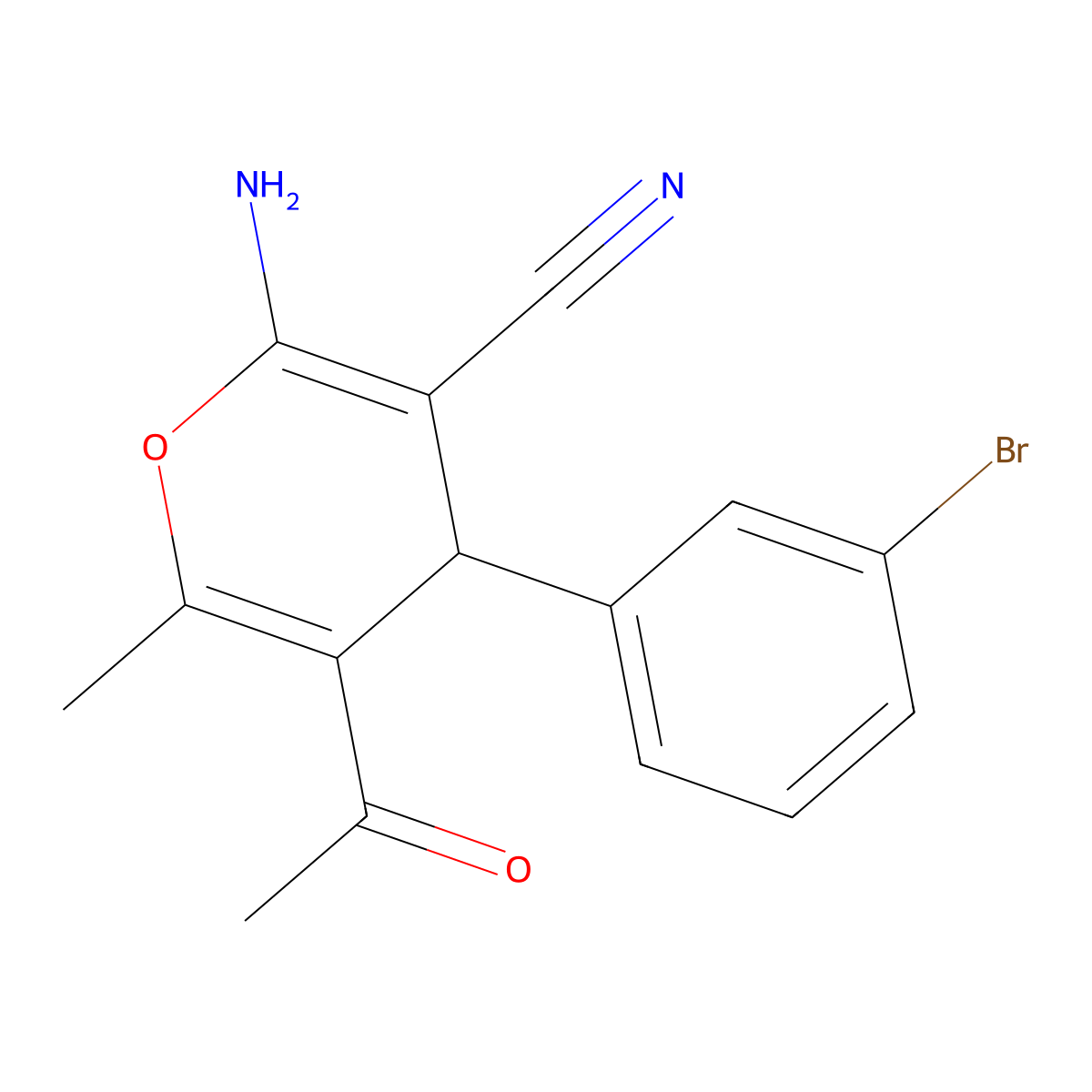 5-acetyl-2-amino-4-(3-bromophenyl)-6-methyl-4H-pyran-3-carbonitrile molecular structure, CAS 81829-56-3
