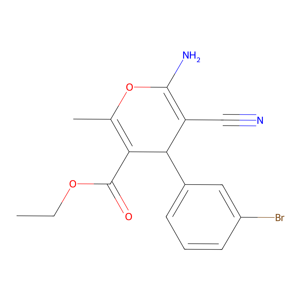 ethyl 6-amino-4-(3-bromophenyl)-5-cyano-2-methyl-4H-pyran-3-carboxylate molecular structure, CAS 81829-57-4