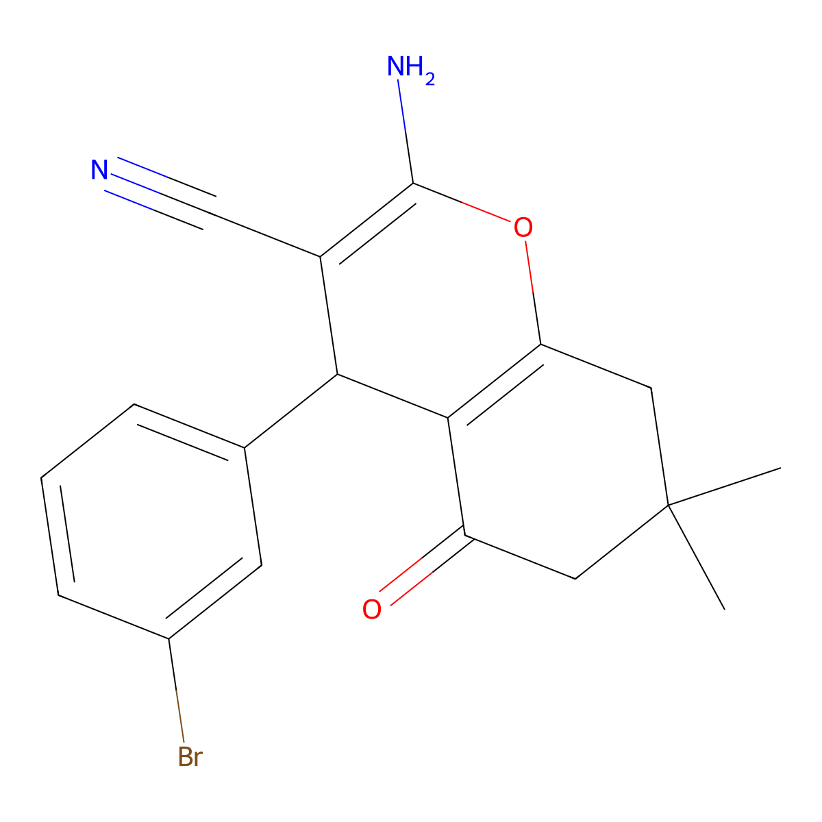 2-amino-4-(3-bromophenyl)-7,7-dimethyl-5-oxo-5,6,7,8-tetrahydro-4H-chromene-3-carbonitrile molecular structure, CAS 81829-61-0
